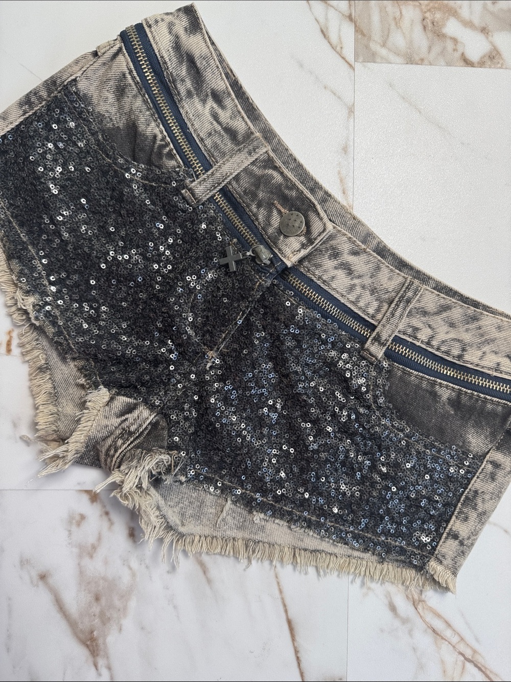 Y2K Crafted Sequin Micro Jean Shorts Sz 8 Punk Whimsigoth Grunge Trendy